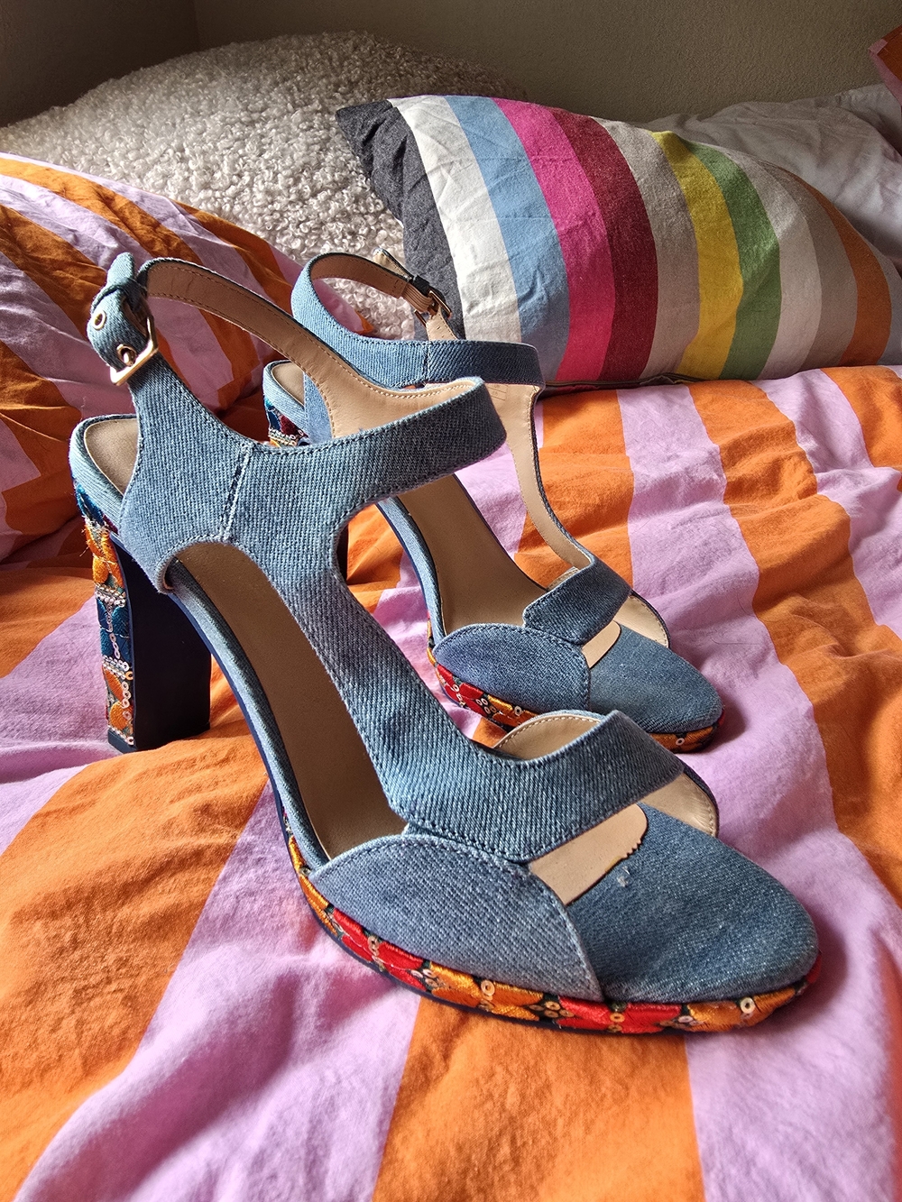 Desigual Blue Denim Embroidered Block Heel Sandals - Picture 2 of 9